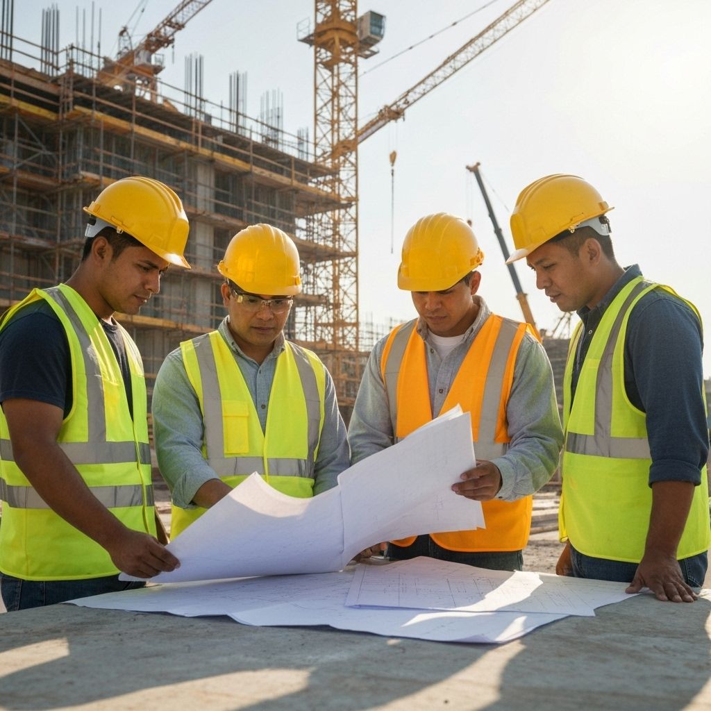 Construction workers reviewing blueprints